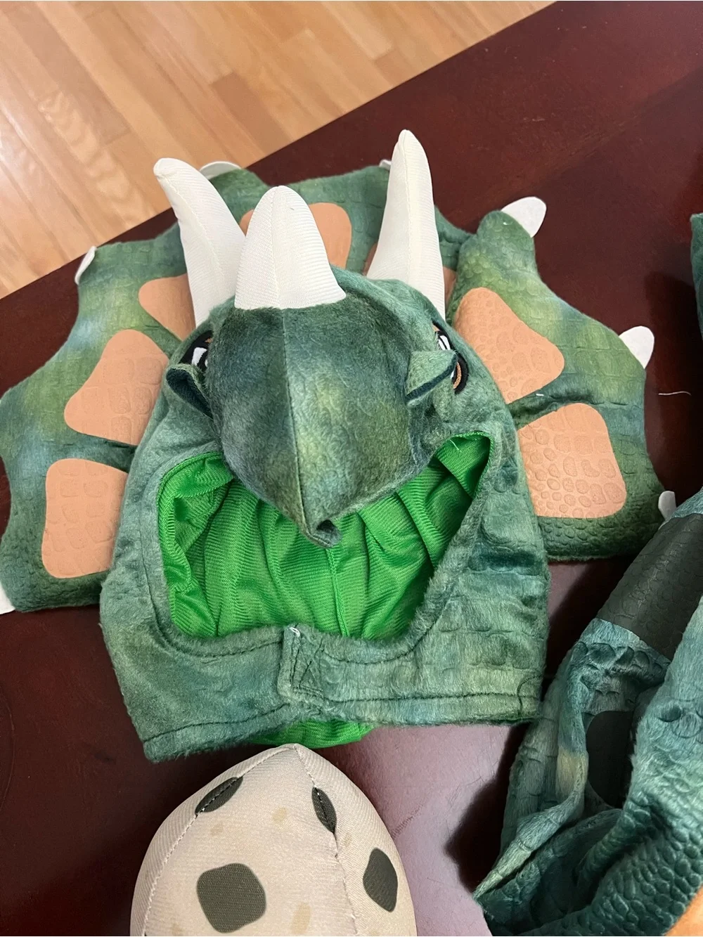 Triceratops Kids Costume - Green & Orange Jumpsuit with Dino Hood (Size S 5-7)